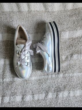 & Other Stories Iridescent Silver Platform Sneakers with Ribbon Laces